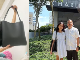 A black handbag with a tag that reads "Charles and Keith, and makes Charles and Keith invites viral influencer for behind the scenes look at company headquarters and meeting with founders