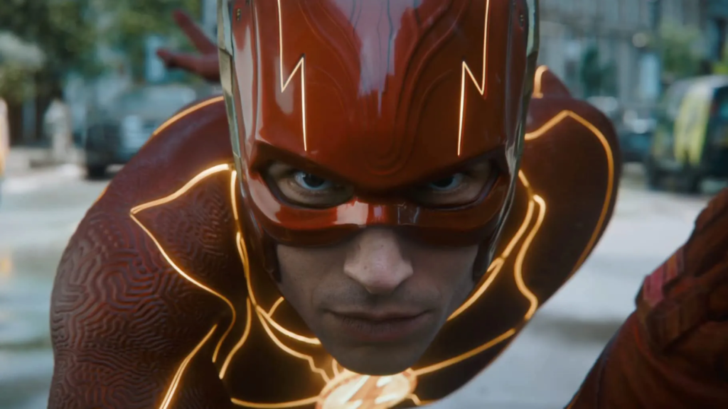 The Flash, Barry Allen, in his iconic red suit, with a determined look on his face as he speeds through a time portal.